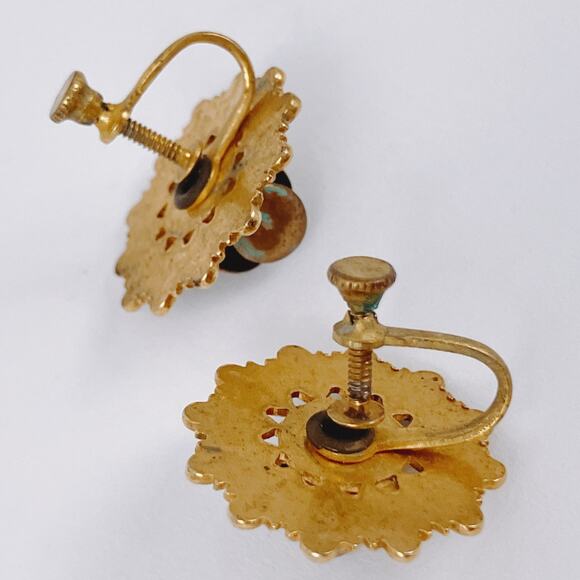 Vintage 1950s Earrings Aqua Enamel Rosebud Screw Back Mid Century Gold Tone - Picture 7 of 11